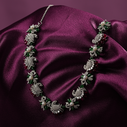 One-of-One 92.5 Silver Emerald Ruby Floral Necklace Set