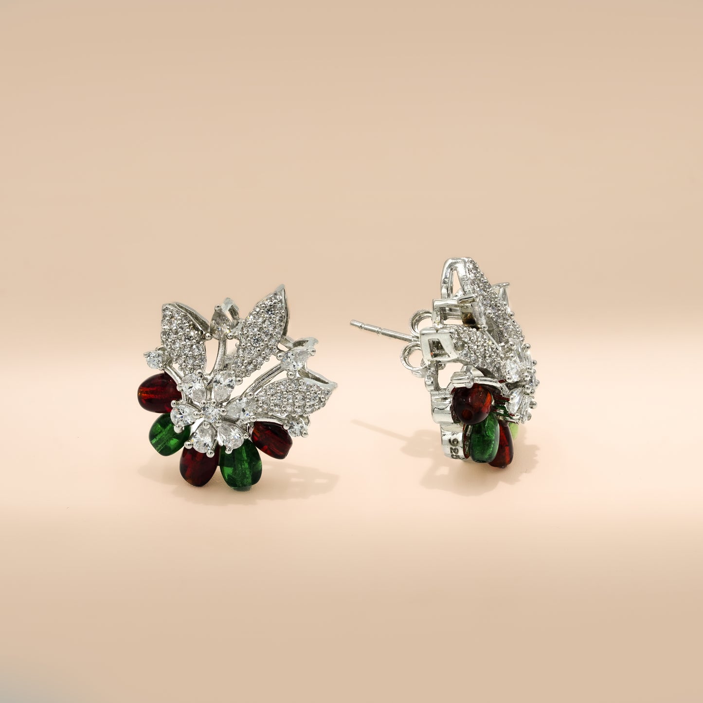 One-of-One 92.5 Silver Emerald Ruby Floral Necklace Set