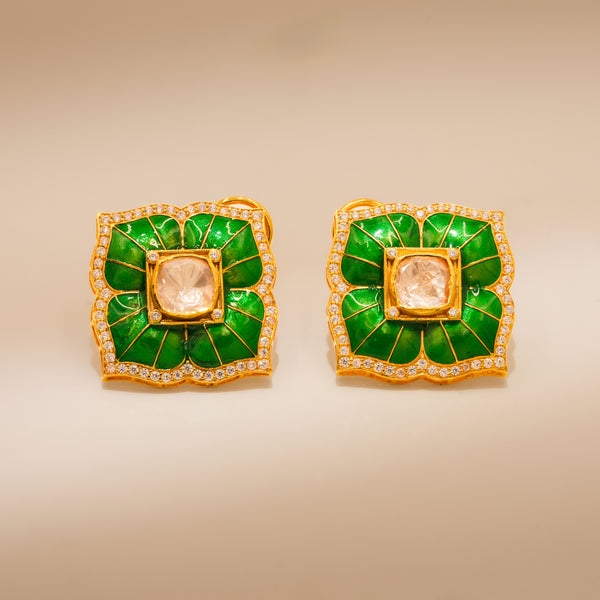 One-of-One 92.5 Silver Green Enamel Square Stud Earrings