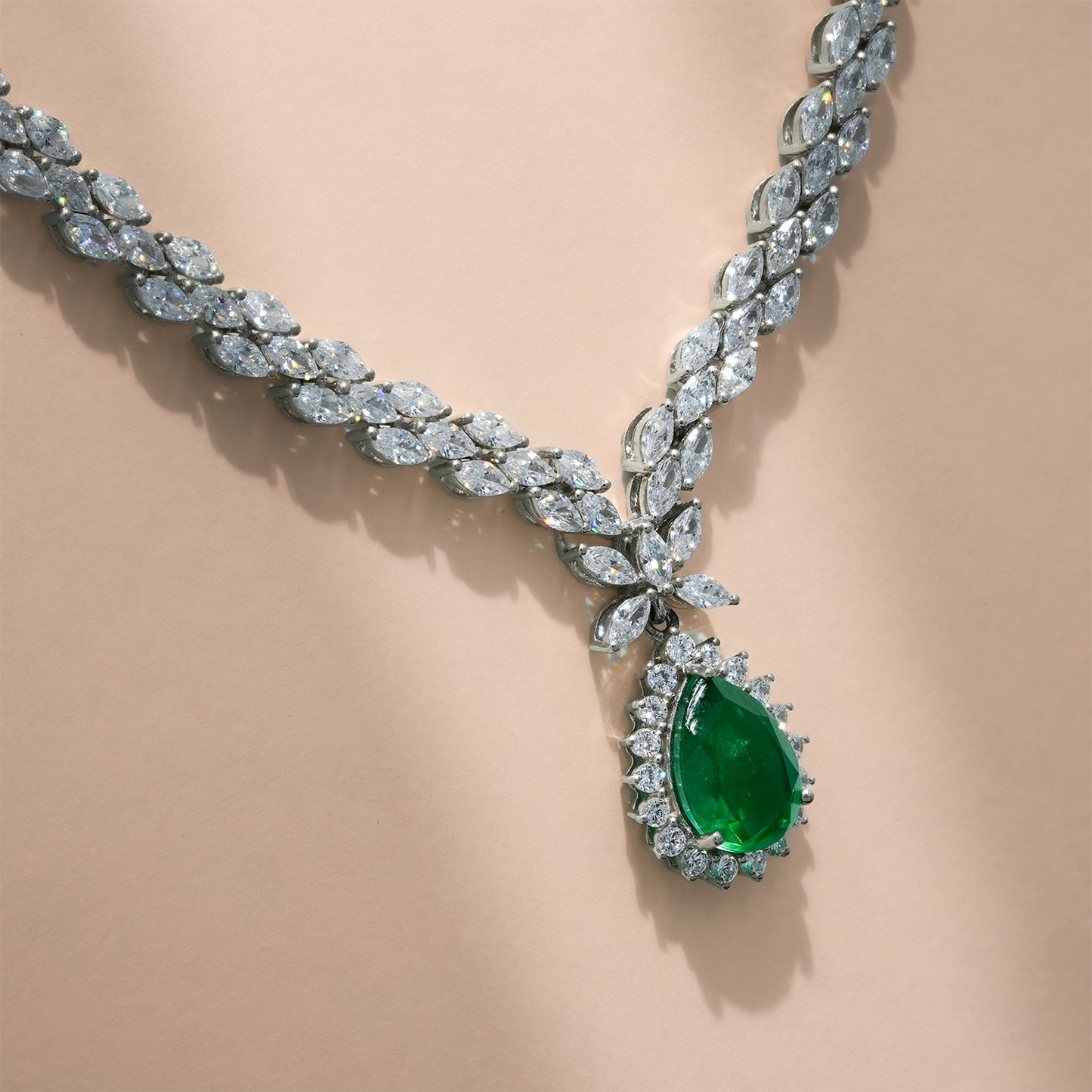 One-of-One 92.5 Silver Pear Emerald Drop Necklace Set