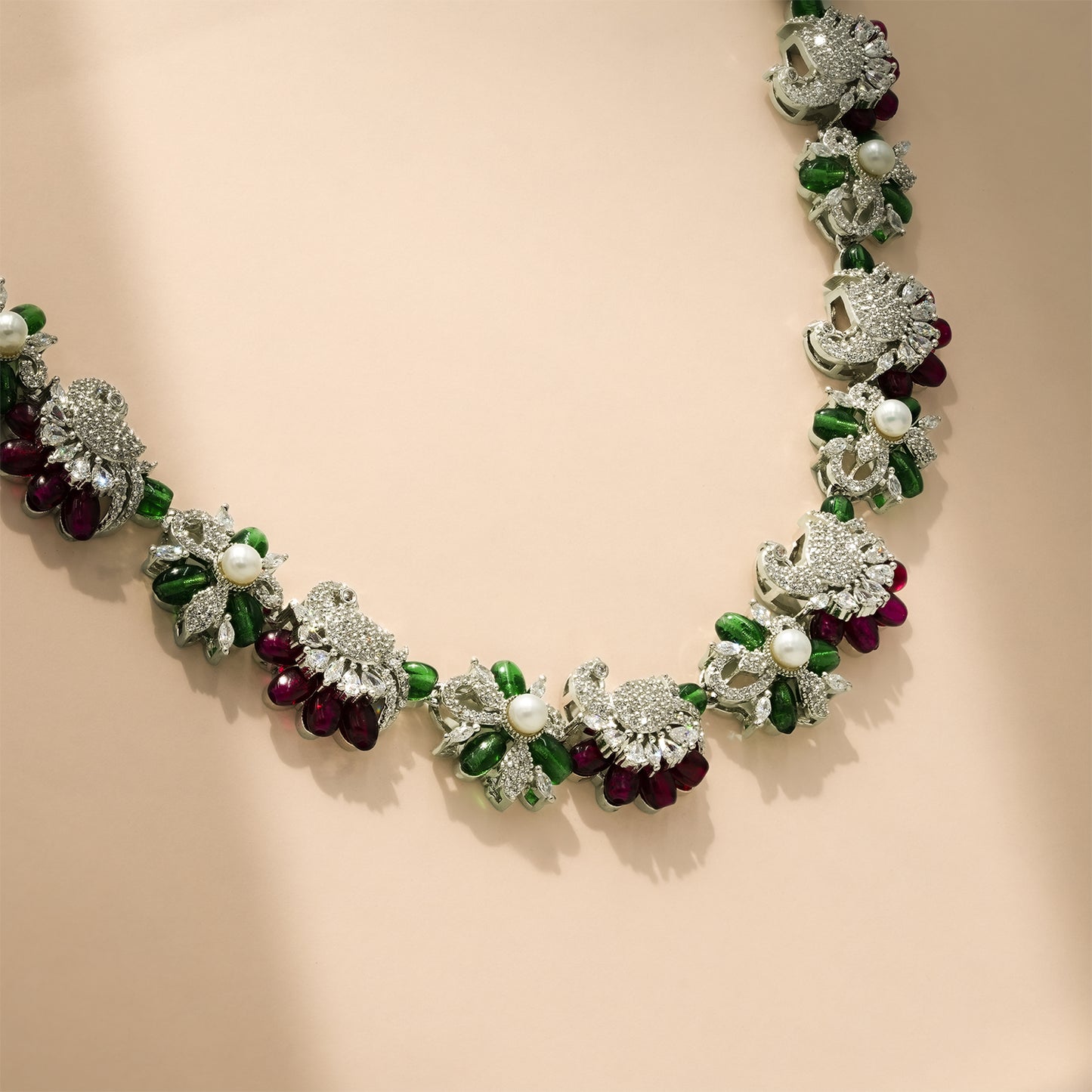 One-of-One 92.5 Silver Emerald Ruby Floral Necklace Set