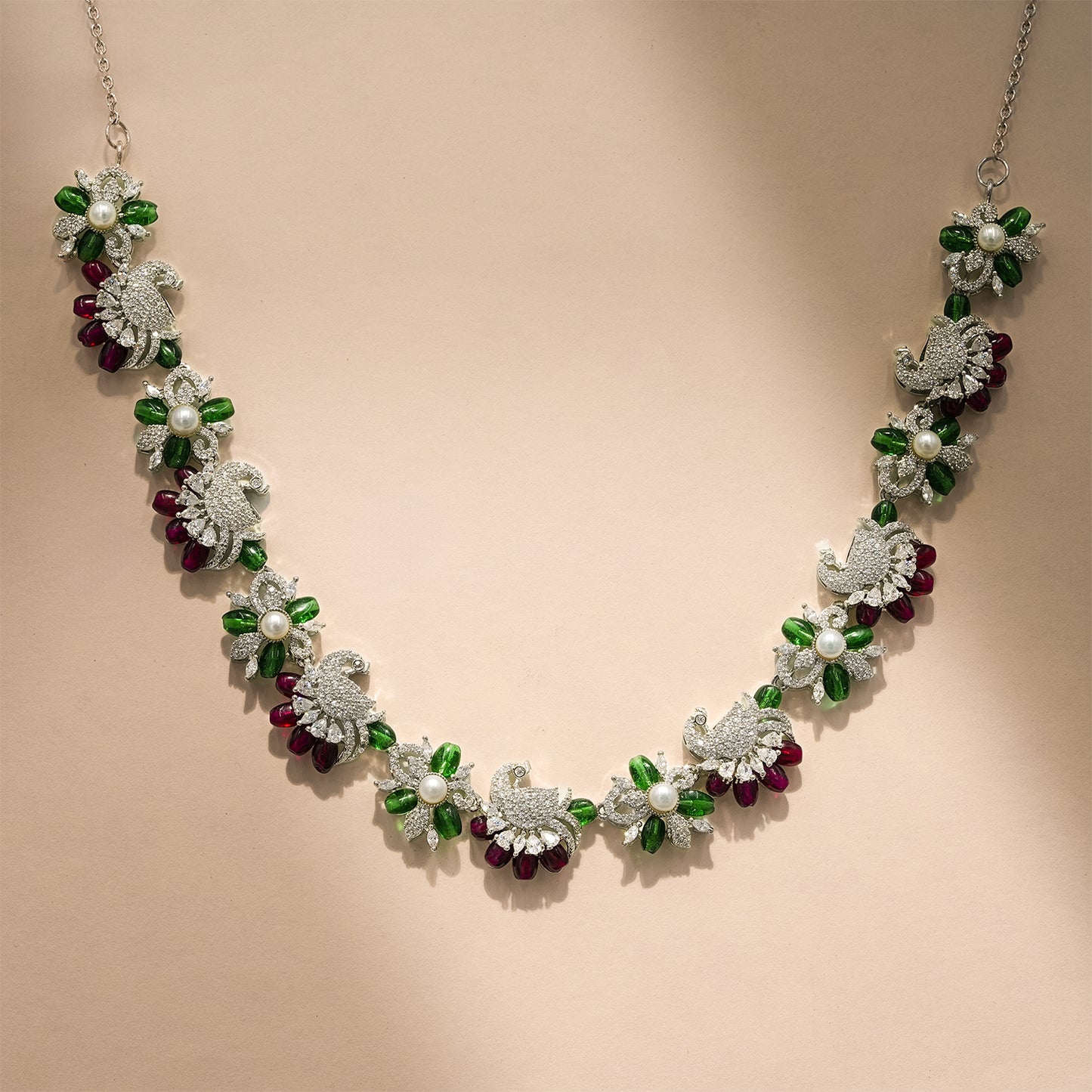 One-of-One 92.5 Silver Emerald Ruby Floral Necklace Set