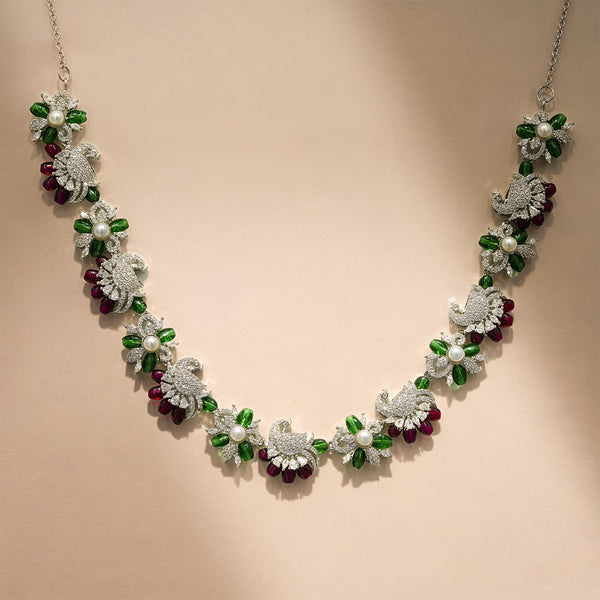 One-of-One 92.5 Silver Emerald Ruby Floral Necklace Set