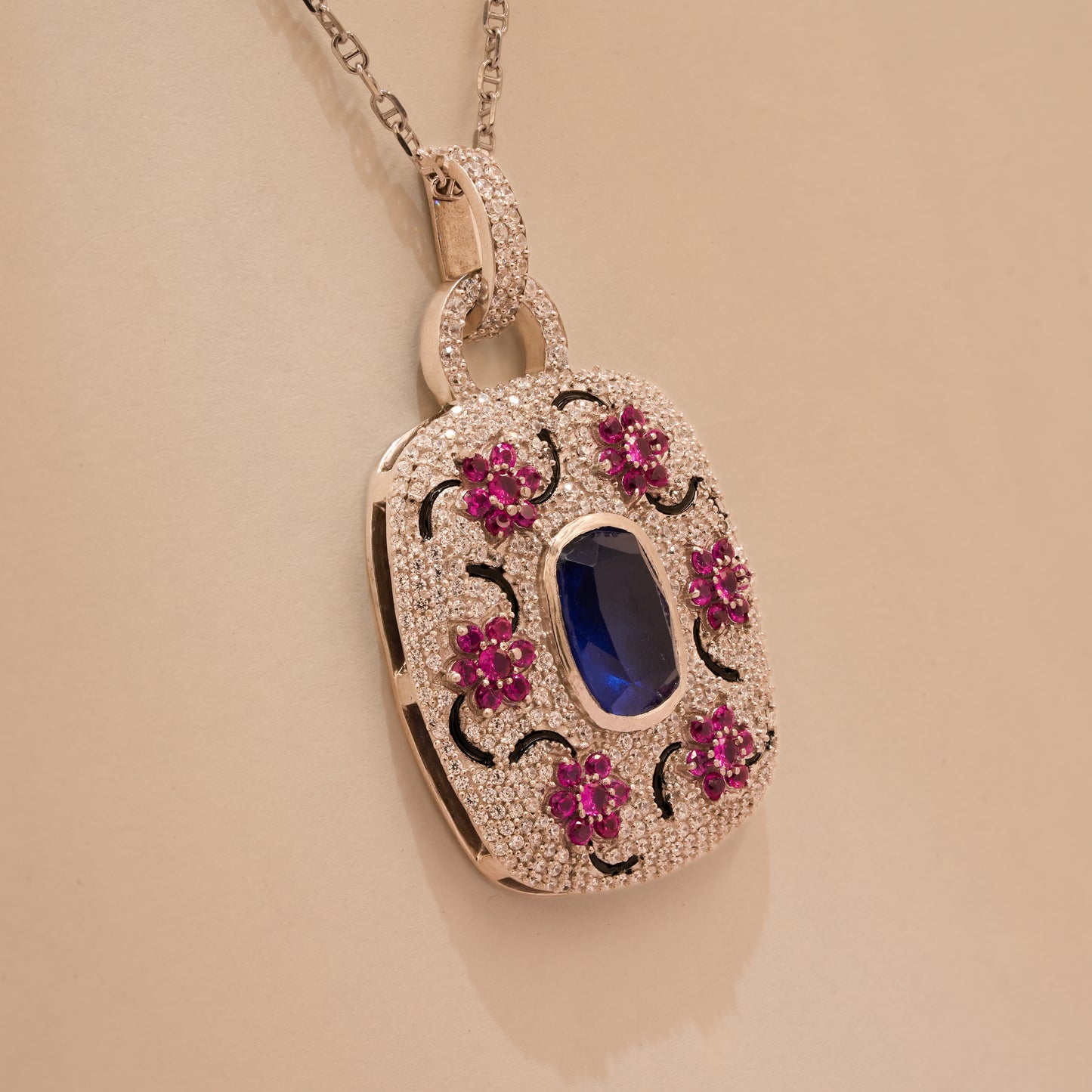 One-of-One 92.5 Silver Blue Stone Floral Motif Pendant Necklace