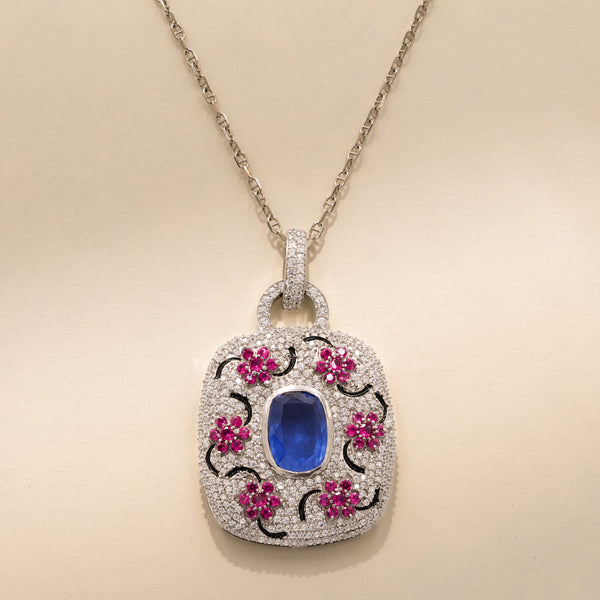 One-of-One 92.5 Silver Blue Stone Floral Motif Pendant Necklace