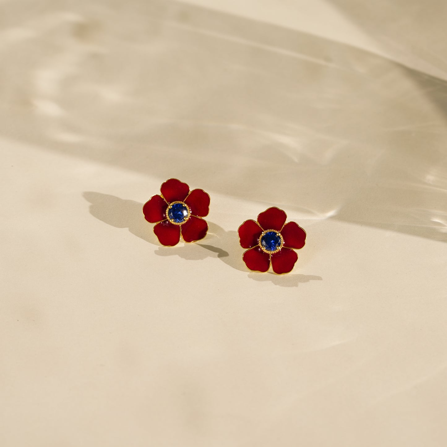 One-of-One 92.5 Silver Red Enamel Floral Stud Earrings with Blue Center