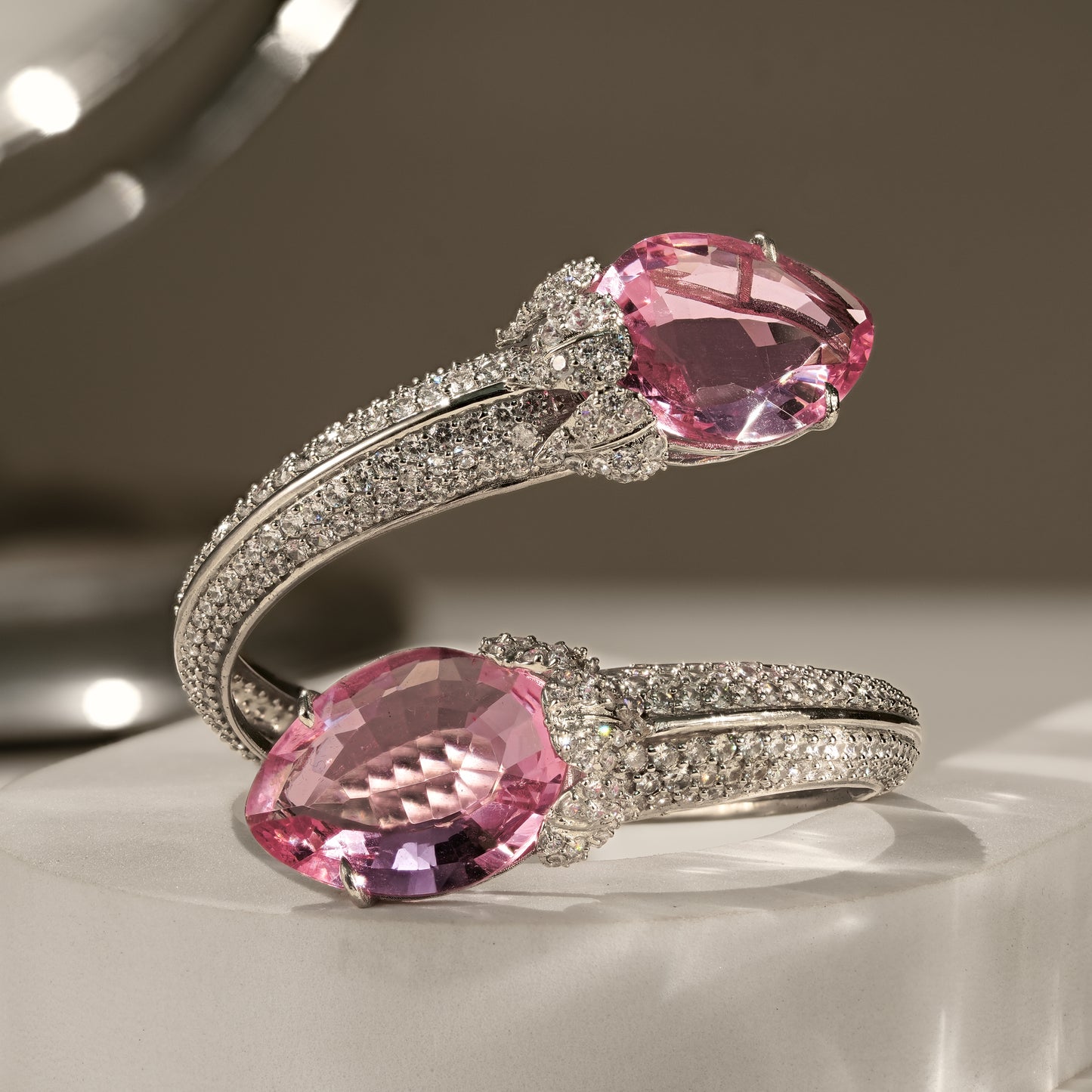 One-of-One 92.5 Silver Pink Gemstone Open Cuff Bracelet