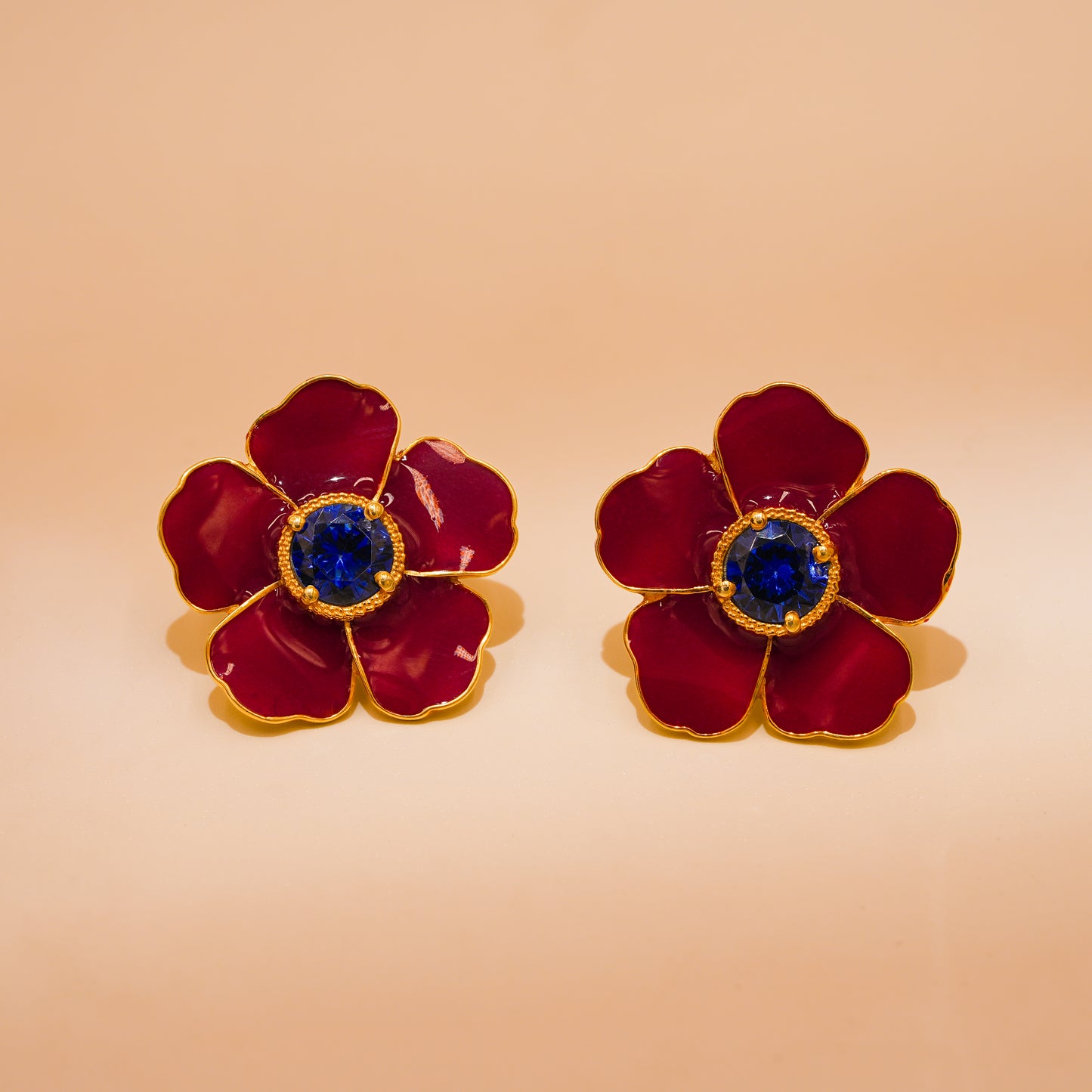 One-of-One 92.5 Silver Red Enamel Floral Stud Earrings with Blue Center