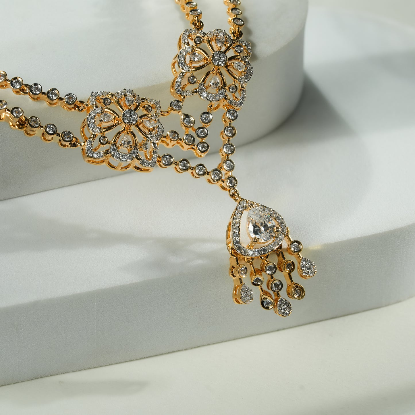 92.5 Sterling Silver Floral Necklace Set with Dual Motifs and Drop Pendant