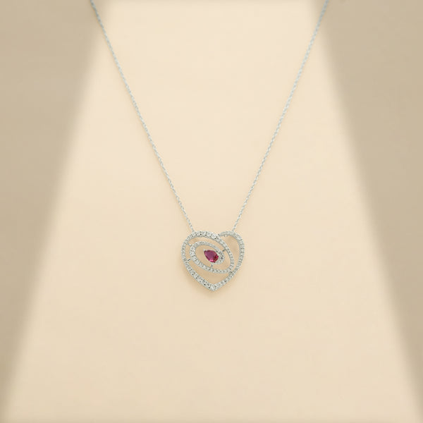 92.5 Silver Red Ruby Pear-Cut Heart Swirl Pendant Necklace