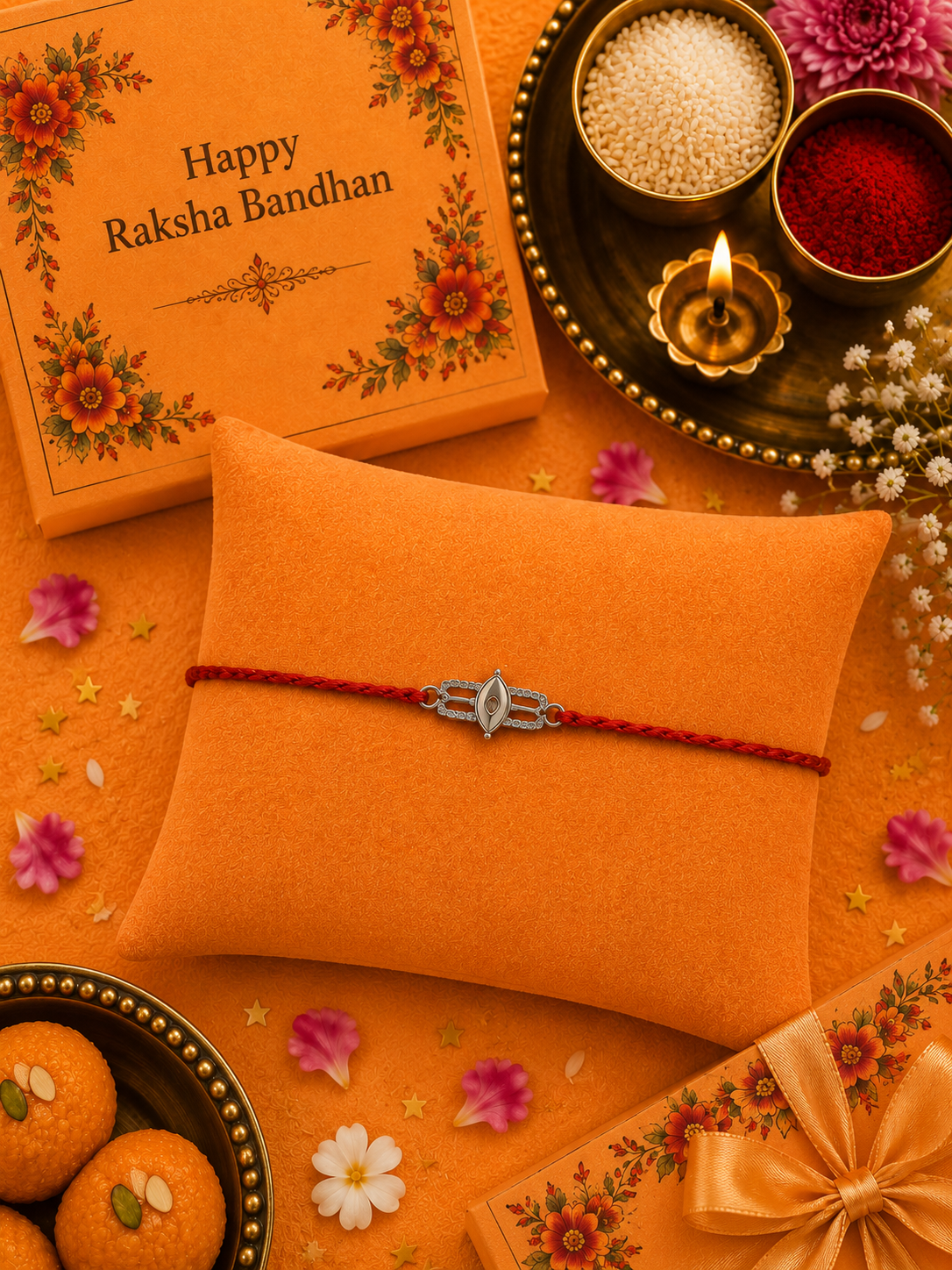 Shivtilak Silver 925 Hallmarked Handmade Red Thread Rakhi