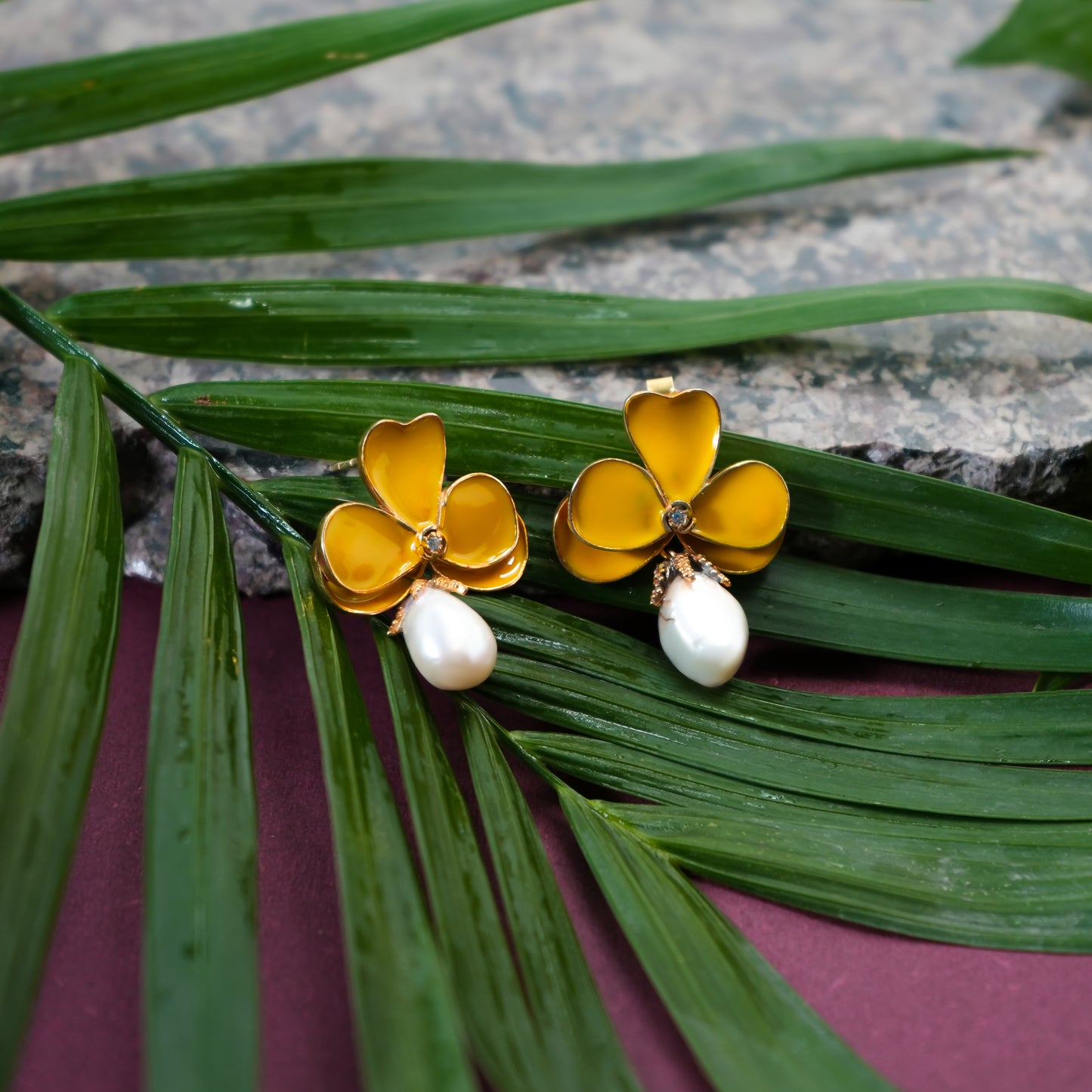 Yellow Clover Pearl Drop Earrings