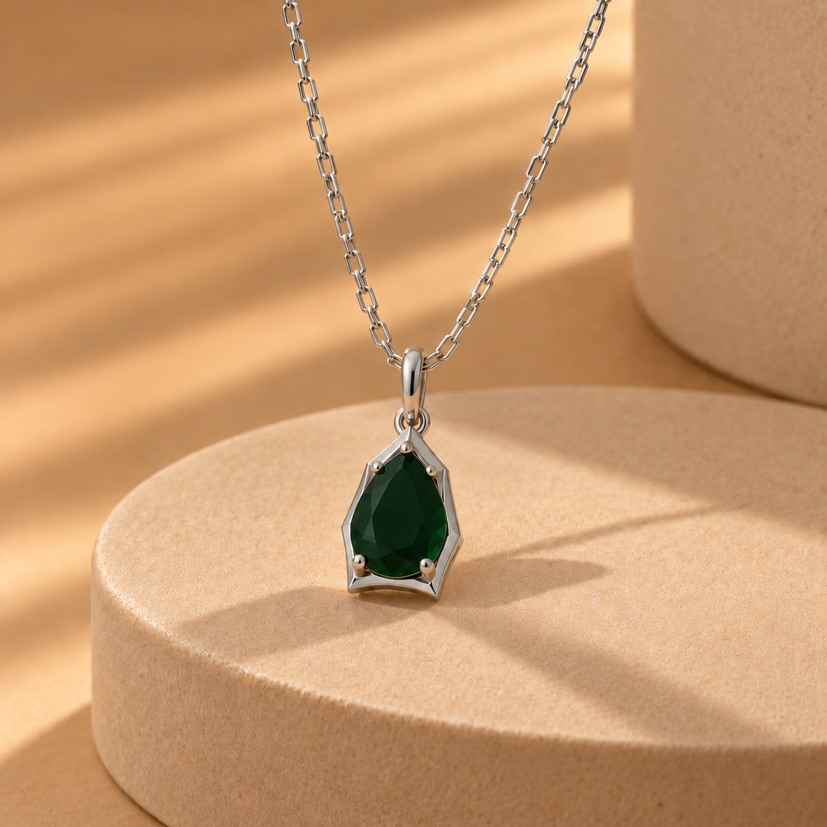 925 Silver Green Quartz Pear Pendant Chain