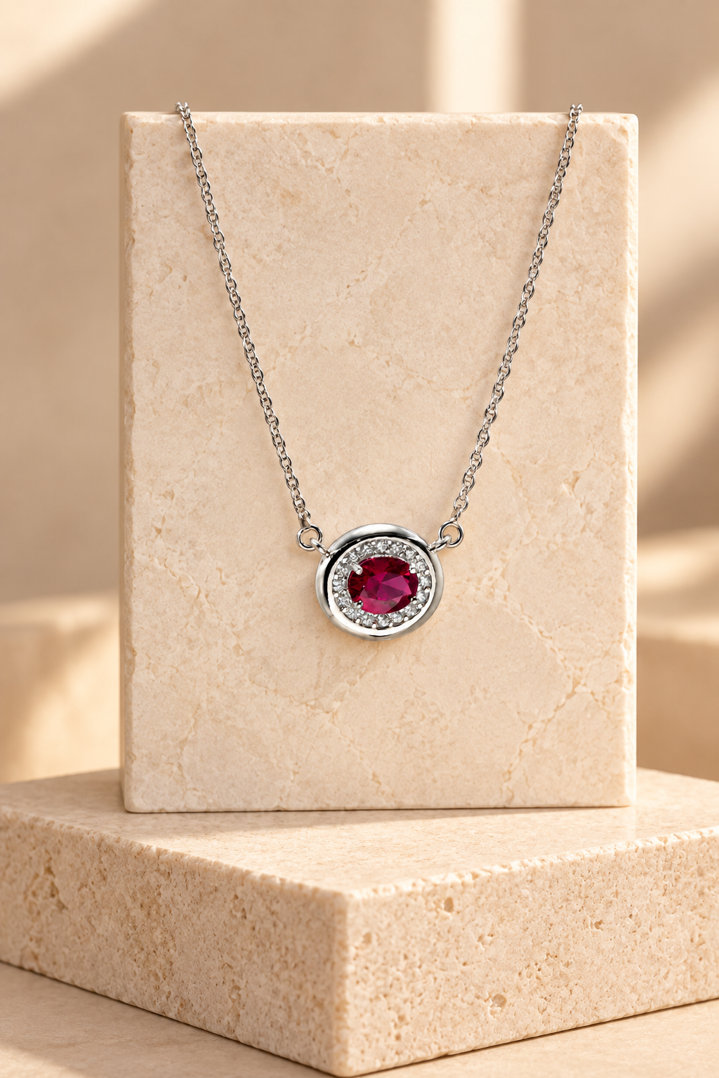 18 Inch 925 Sterling Silver Red Quartz & Moissanite Chain Pendant