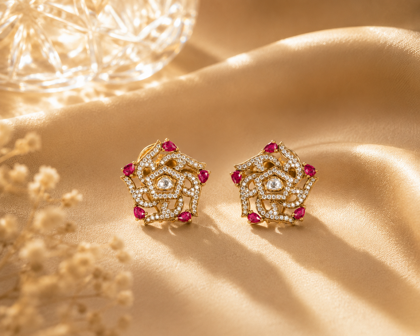 925 Sterling Silver Polki & Quartz Moissanite Designer Statement Stud Earrings