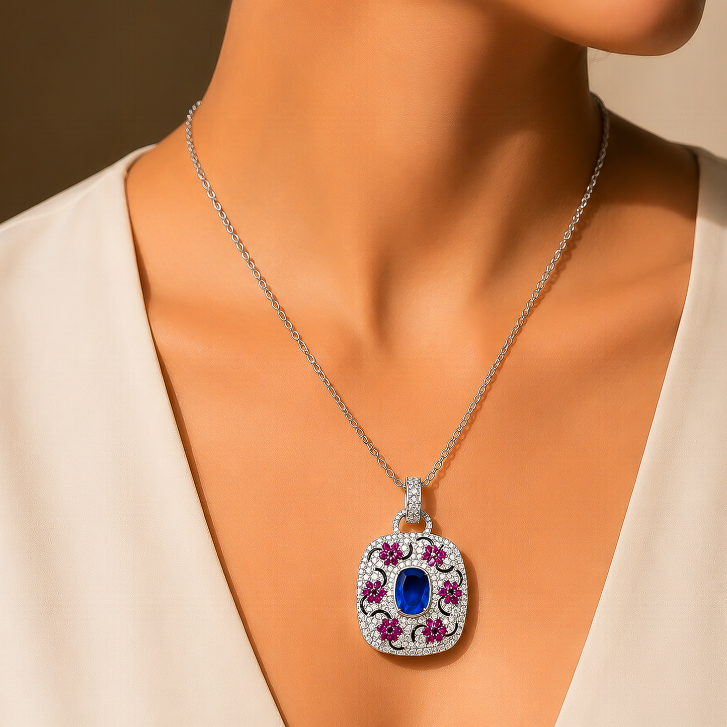 One-of-One 92.5 Silver Blue Stone Floral Motif Pendant Necklace