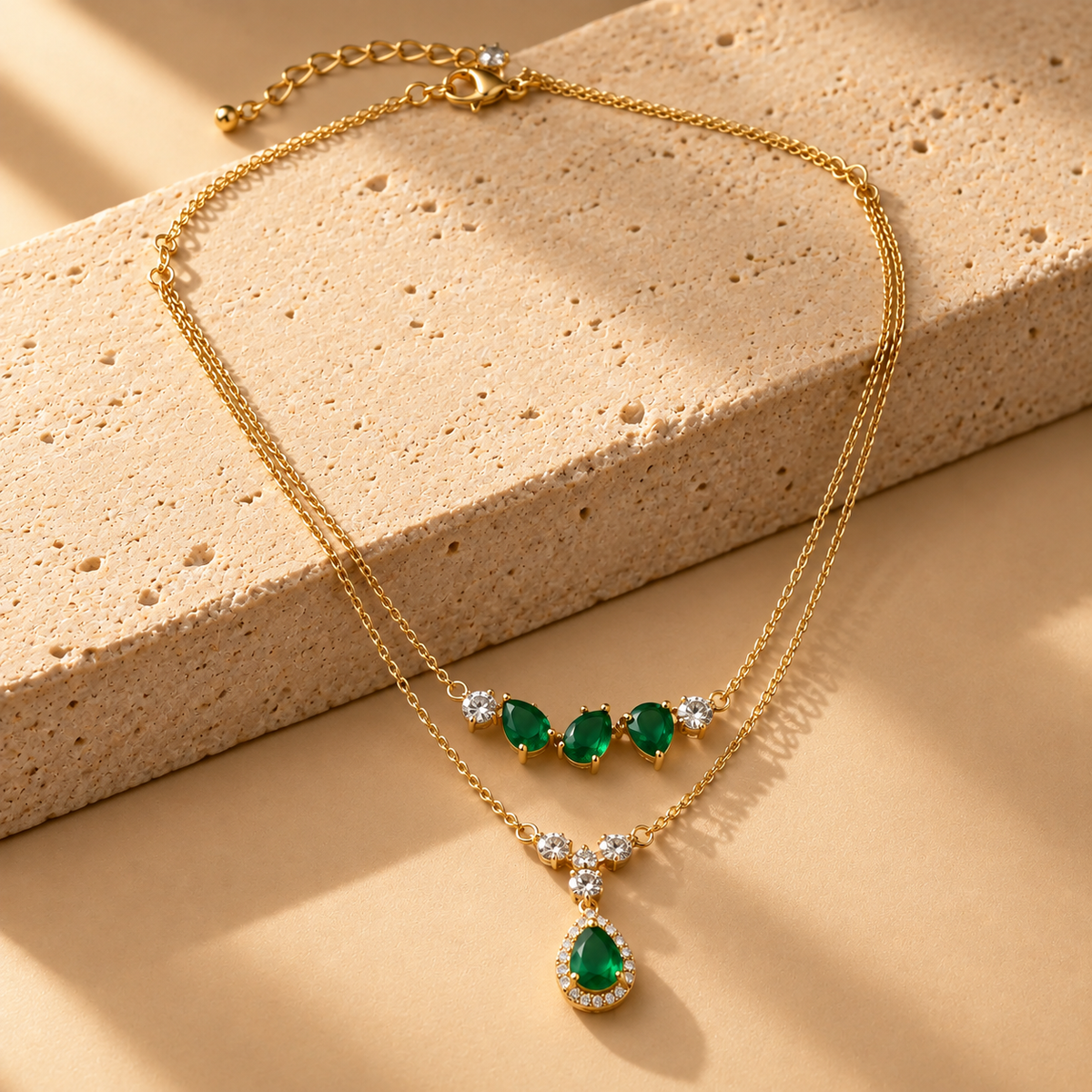 Green Quartz Moissanite Double Layer Pendant Chain