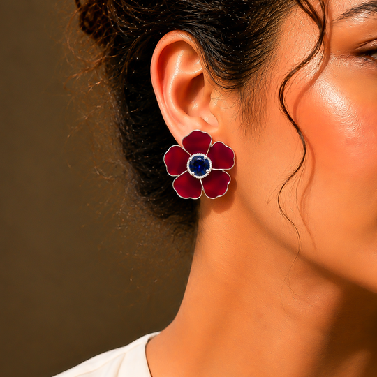One-of-One 92.5 Silver Red Enamel Floral Stud Earrings with Blue Center