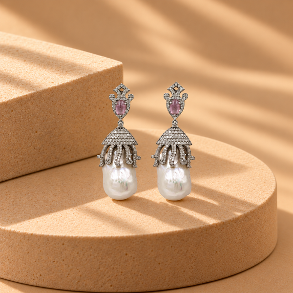 3.98 Ct Natural Diamonds with 925 Silver Pearl & Rubylite Drop Earrings