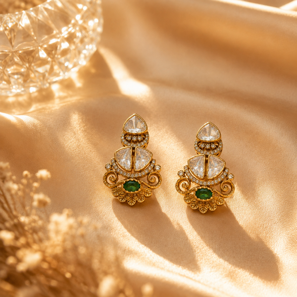 925 Sterling Silver Polki & Moissanite Traditional Statement Earrings