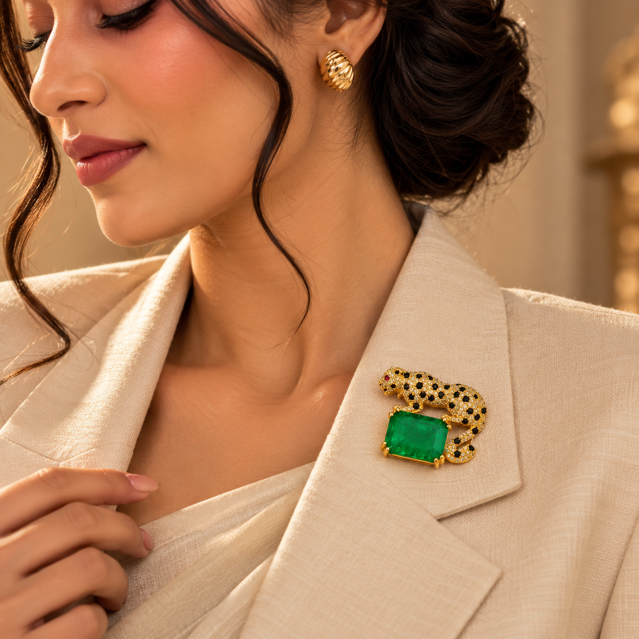 Leopard 925 Sterling Silver Moissanite & Quartz  Brooch | Green Stone Statement Jewellery