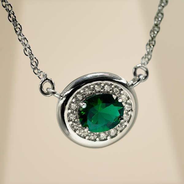 One-of-One 92.5 Silver Simulant Emerald Round Pendant Necklace