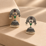 925 Silver Green Stone Pearl Jhumka Earrings