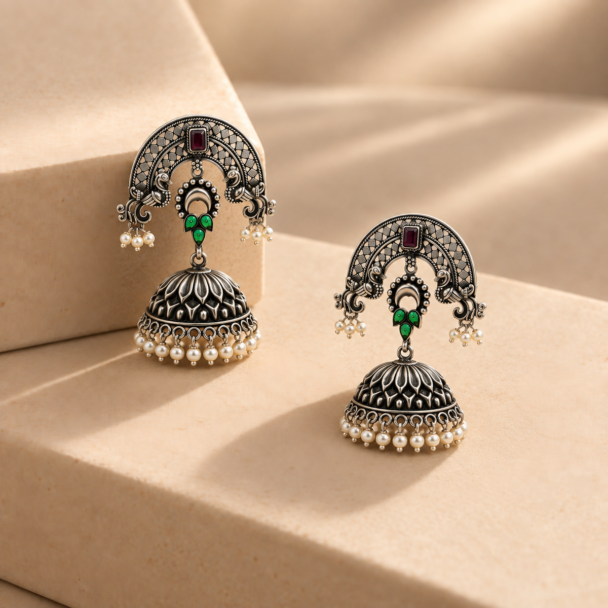 925 Silver Green Stone Pearl Jhumka Earrings