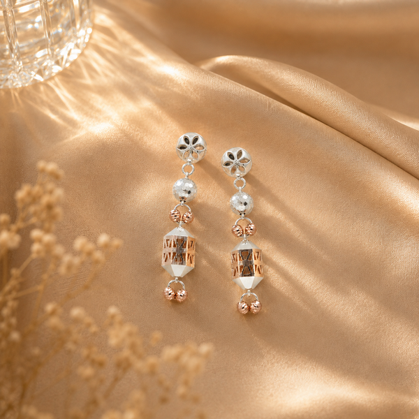 Rose Gold 925 Floral Stud & Ball Bead Dangle Statement Earrings