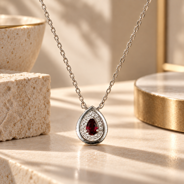 16 Inch 925 Sterling Silver Garnet-Red Quartz & Moissanite Chain Pendant