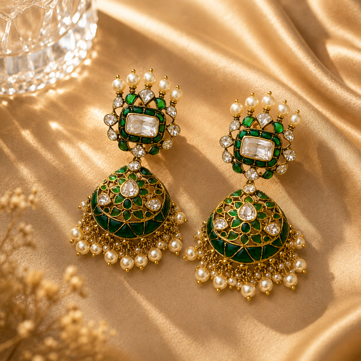 925 Sterling Silver Green Enamel, Polki & Moissanite Statement Jhumka Earrings