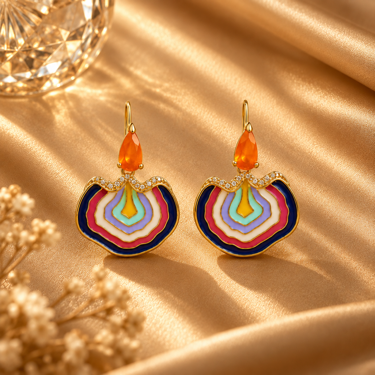 Multicolor Enamel Drop Earrings with Orange Quartz