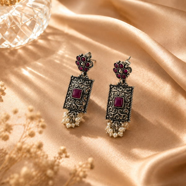 Ethnic Silver Oxidized Drop Statement Earrings with Pearl Dangles Hallmarked Jewellery