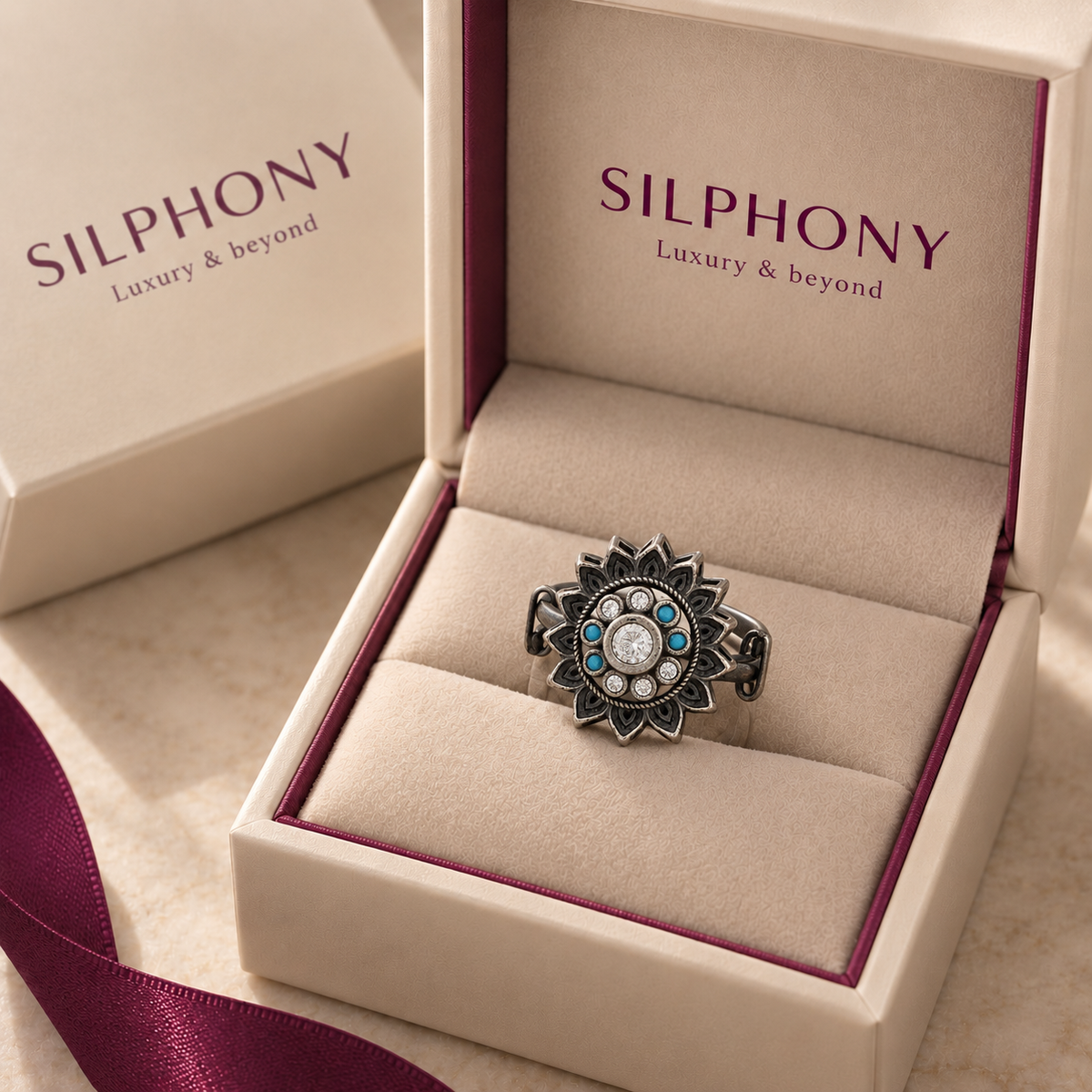 925 Sterling Silver Flower Ring With Turquoise Stones