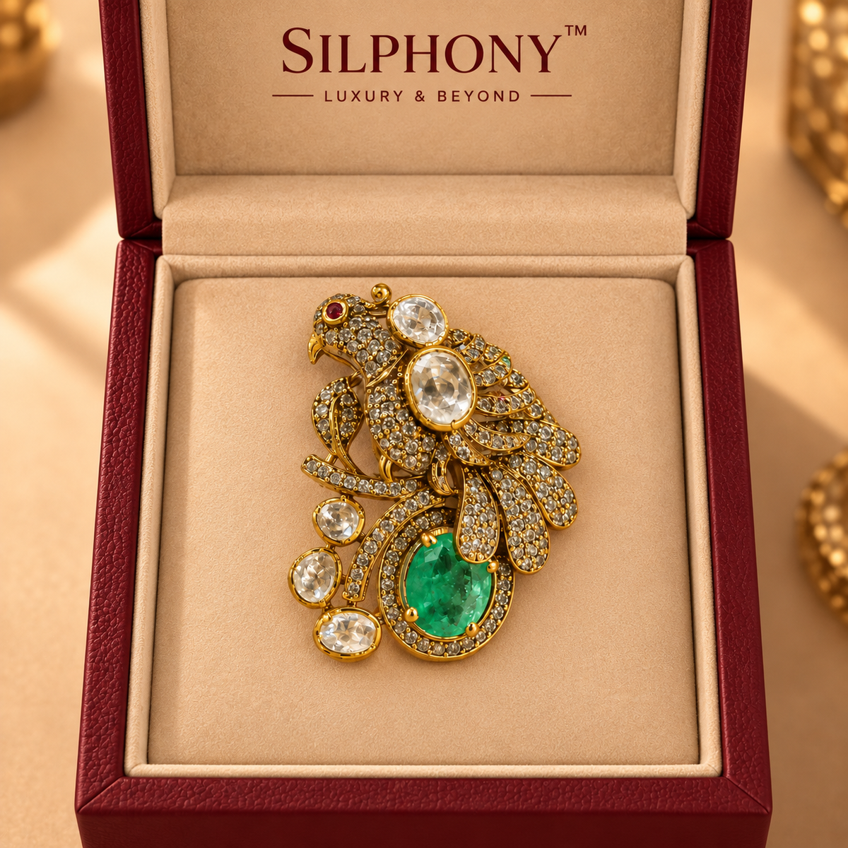 Luxury Bird Brooch with Green Quartz and Moissanite Crystal Jewels Gift for Men