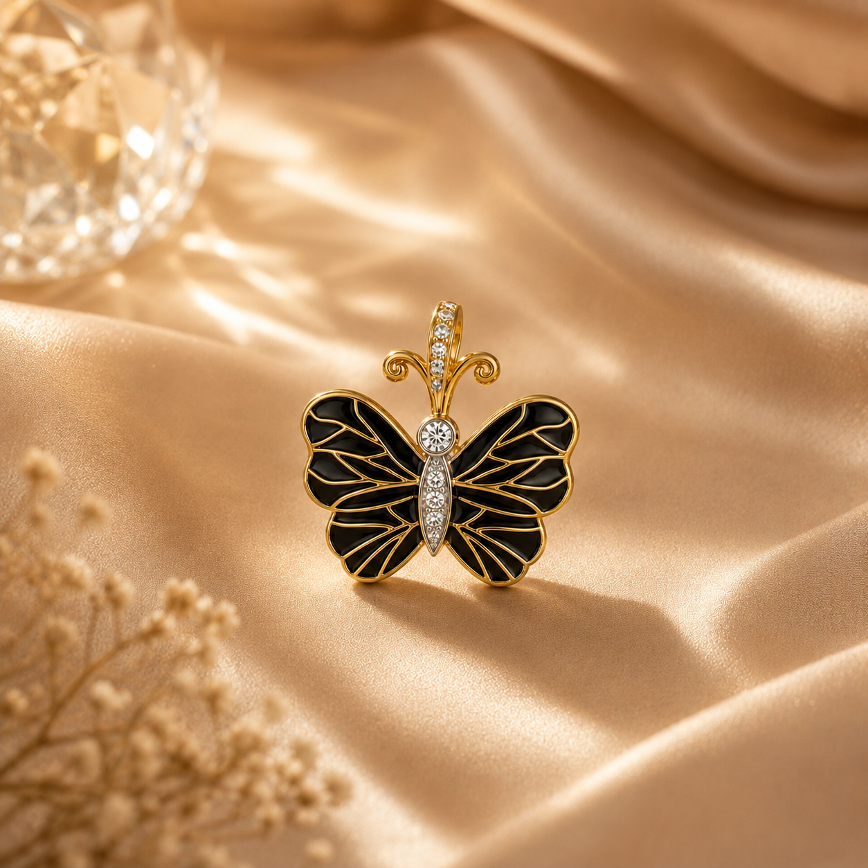 0.15 Ct Natural Diamond Black Butterfly Statement Pendant for Women