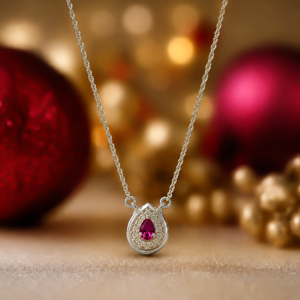 One-of One 92.5 Silver Teardrop Red Simulant Ruby Pendant Necklace