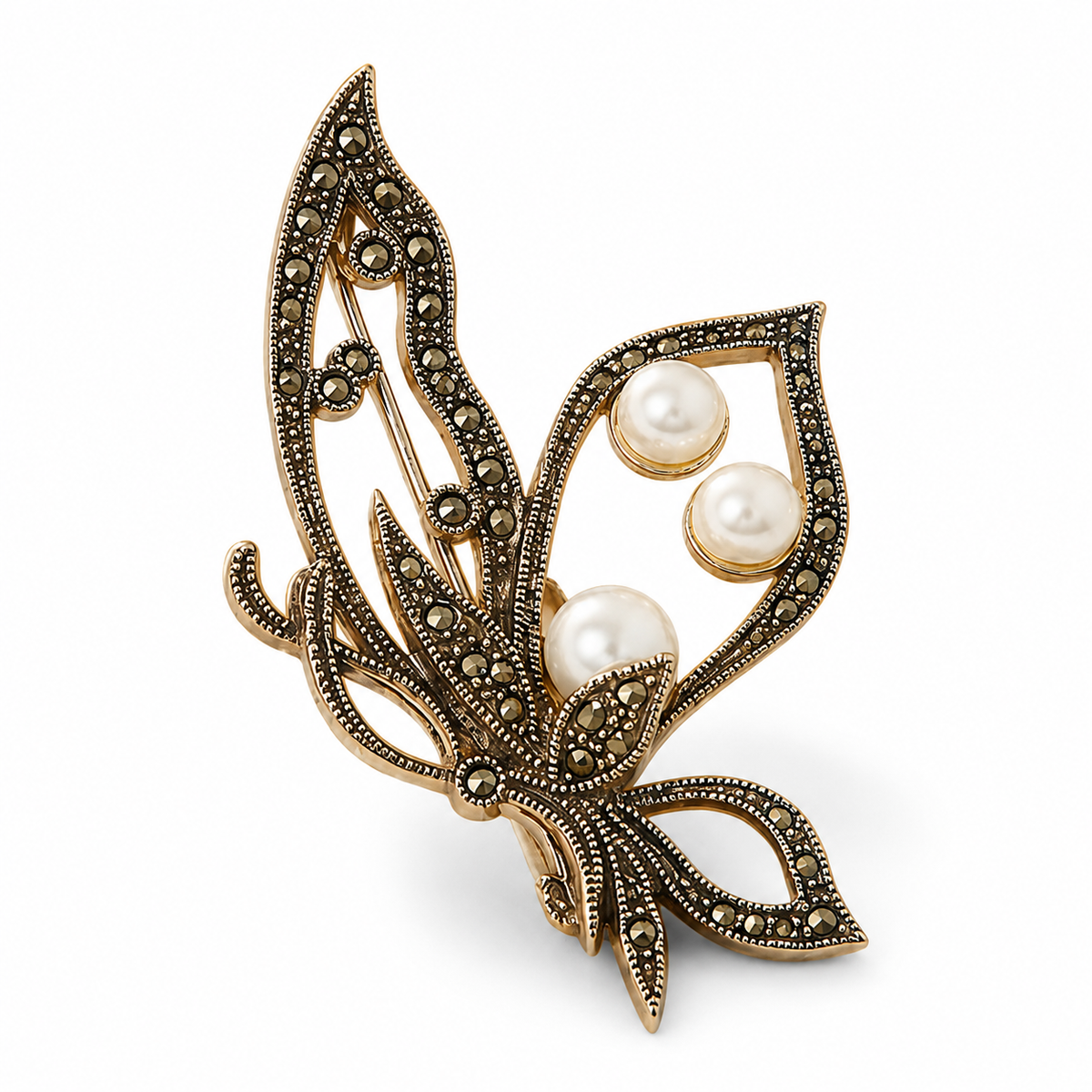 Leaf Design 925 Sterling Silver Pearl & Quartz Floral Brooch | Oxidized  Statement
