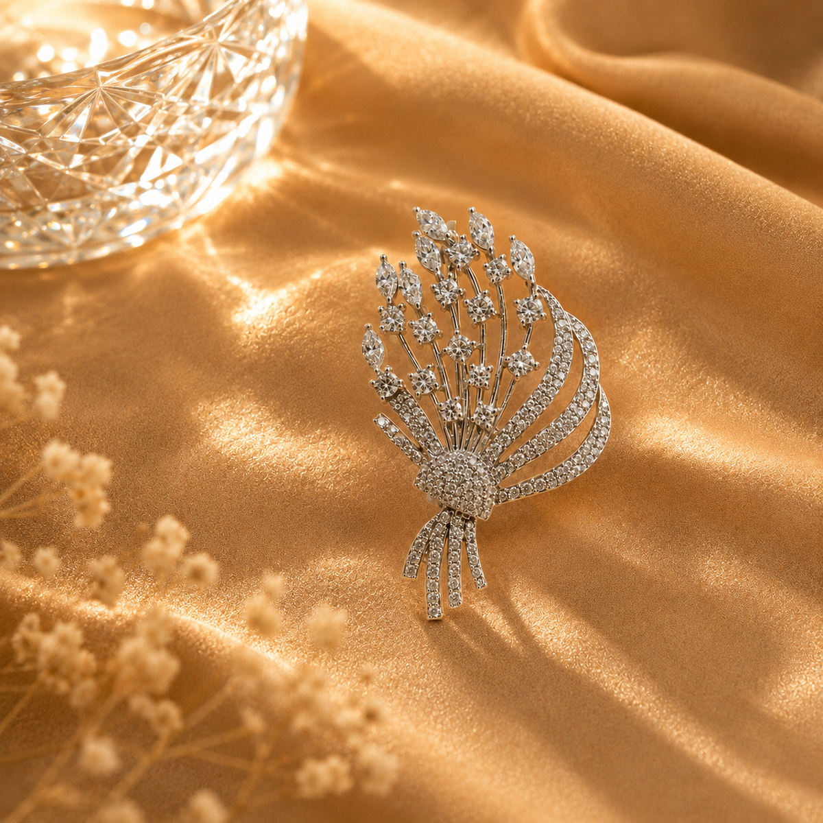 Floral Bouquet Sparkling Leaf & Flower Statement Brooch 925 Silver Jewellery