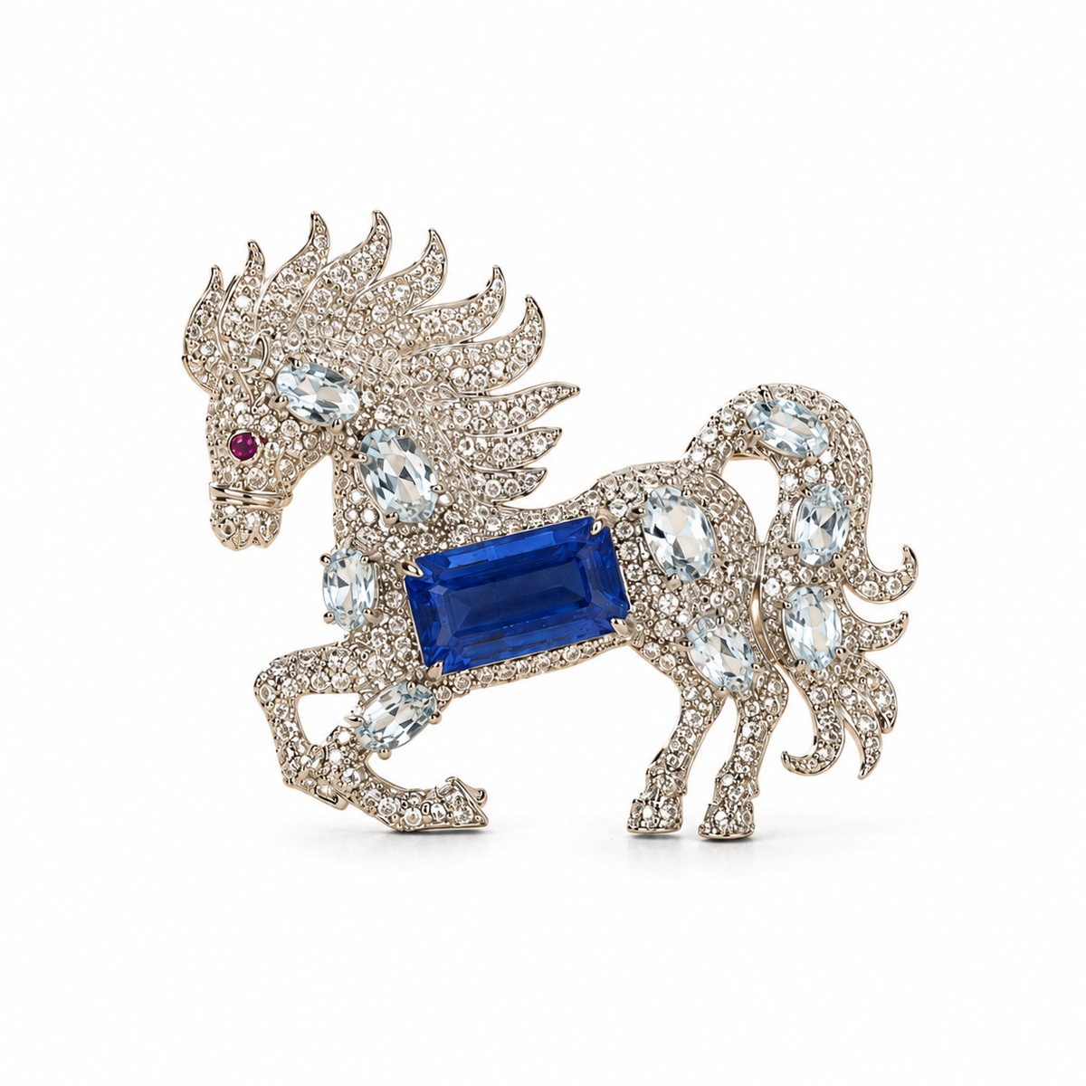 1.56 Ct Natural Diamond Winged Horse Pendant with & Blue Gemstone