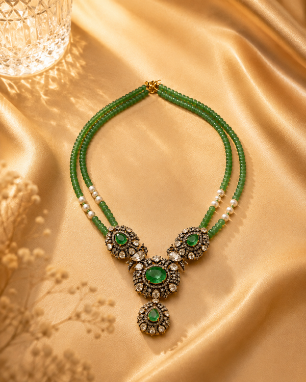 925 Sterling Silver Green Beaded Polki & Moissanite Designer Statement Necklace