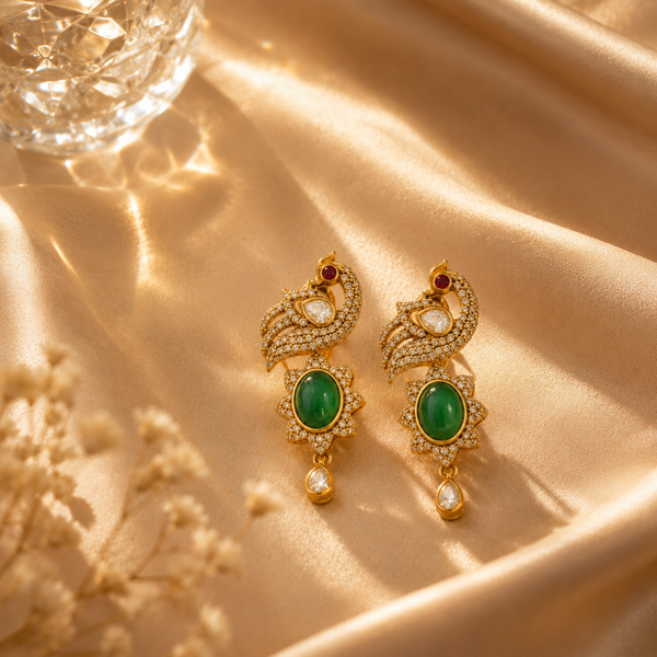 925 Sterling Silver Polki & Moissanite Peacock Dangle Earrings