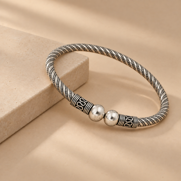 925 Sterling Silver Oxidized Bangle | Twisted Rope Design with Silver Bead | Hallmarked