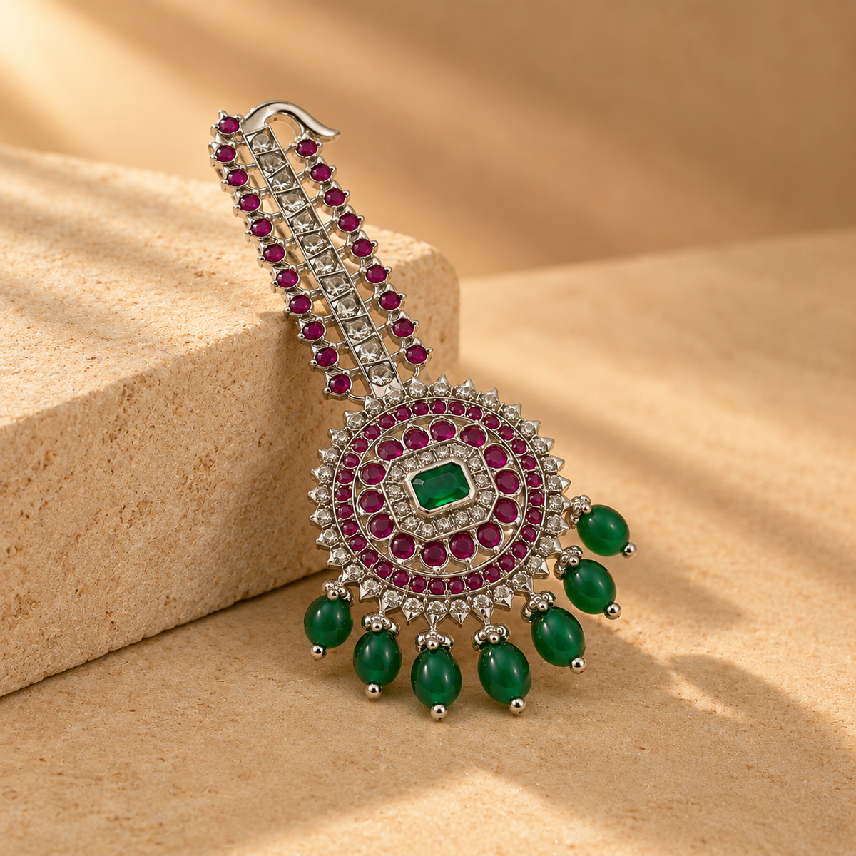 Royal Groom Kalgi Pin for Men with Emerald Green Pink Stones Wedding Turban Brooch