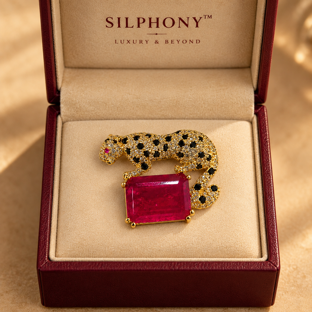 Royal Leopard Brooch with Ruby Pink Quartz Gemstone for Men