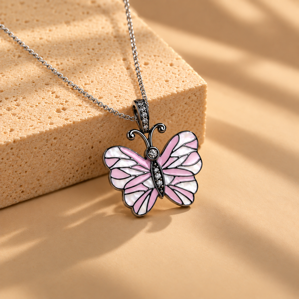 0.15 ct Natural Diamond With 925 Sterling Silver & Enamel Statement Butterfly Pendant