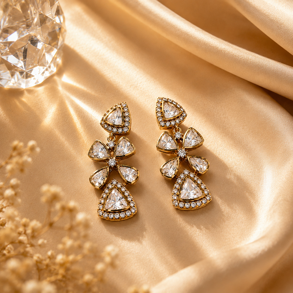925 Sterling Silver Polki & Moissanite Drop Floral Statement Earrings