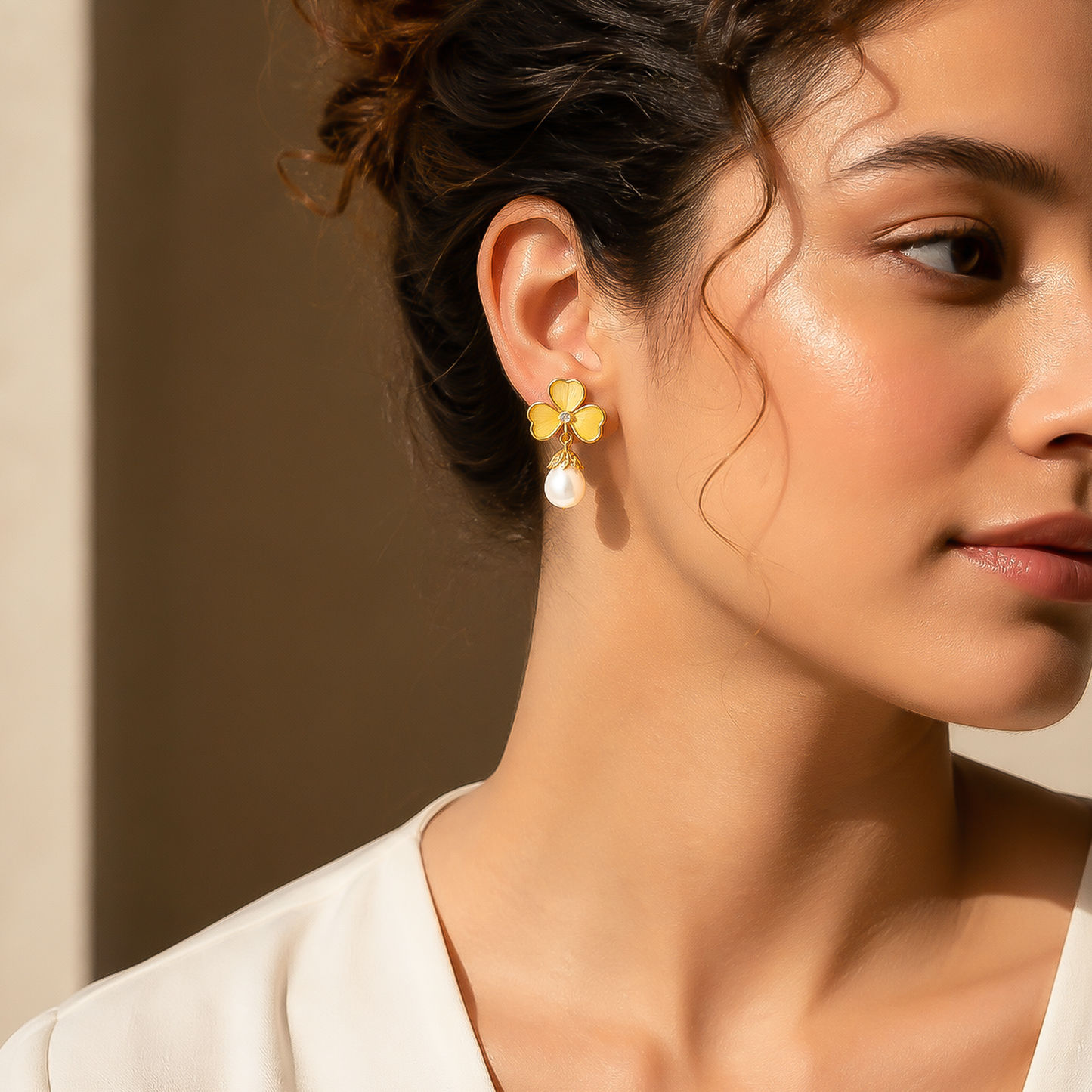 Yellow Clover Pearl Drop Earrings