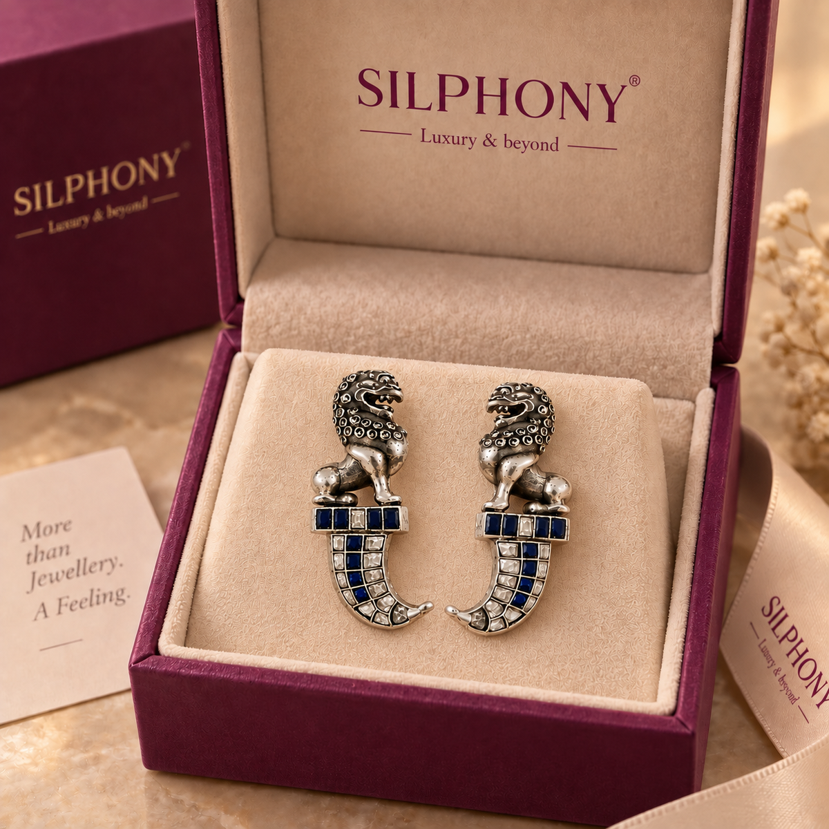 925 Sterling Silver Lion Hoop Earrings with Blue & White Moissanite and Polki | Statement Ethnic Jewelry