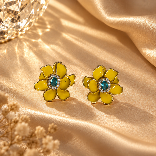 Yellow Enamel Flower with Blue Center Stud Earrings